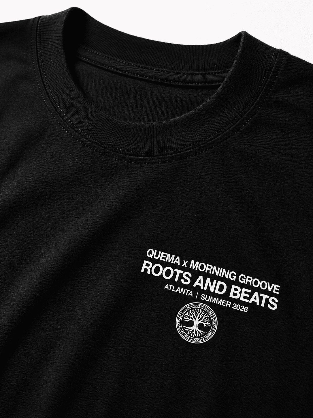 Black tee with white QUEMA x Morning Groove Roots and Beats Atlanta Summer 2026 chest print