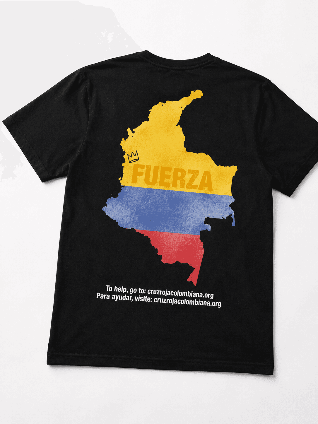 Back of the Fuerza tee: the map of Colombia filled with the flag and the word FUERZA